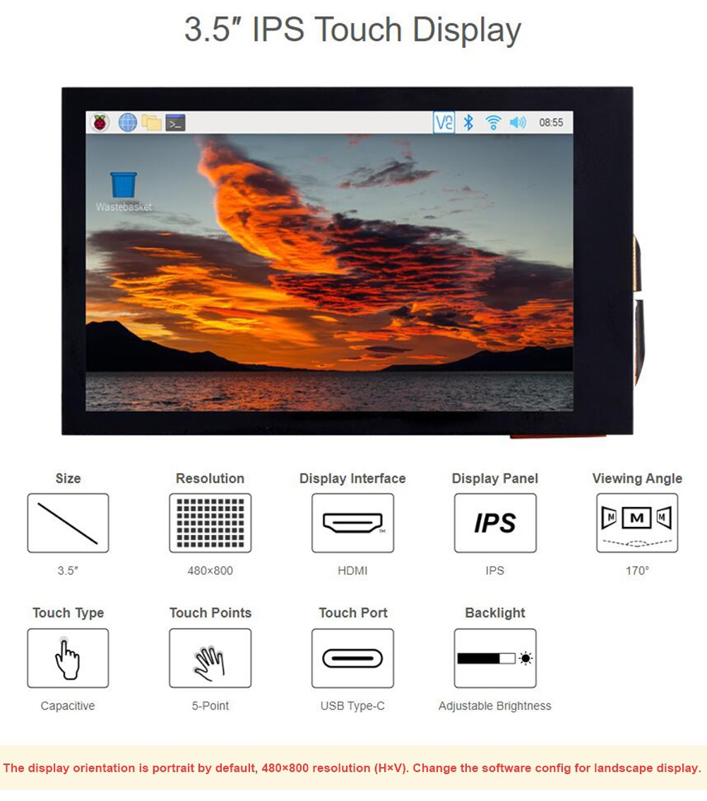 Pi Display - 3,5 inch IPS capacitief LCD-aanraakscherm, 480
